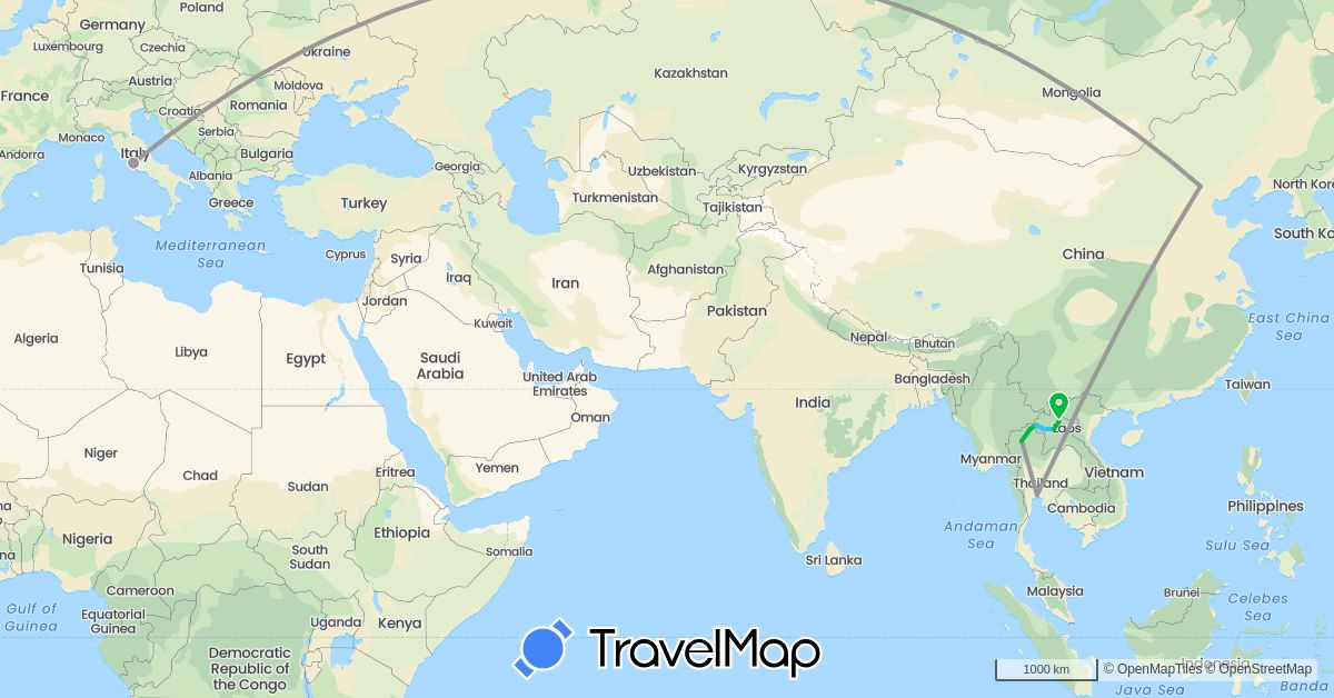 TravelMap itinerary: driving, bus, plane, boat in China, Italy, Laos, Thailand (Asia, Europe)